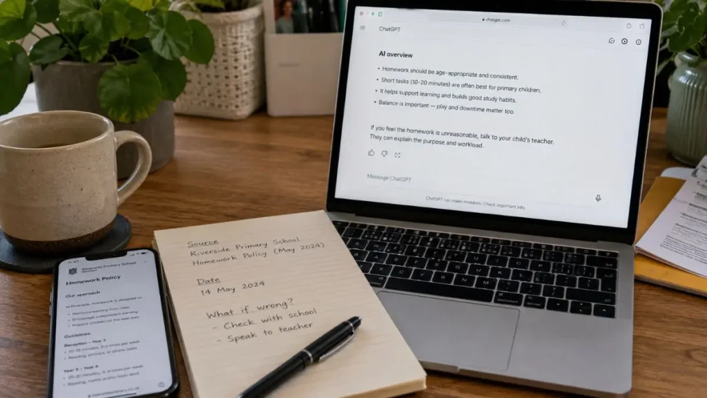 AI answer beside original sources and a handwritten fact-checking note.