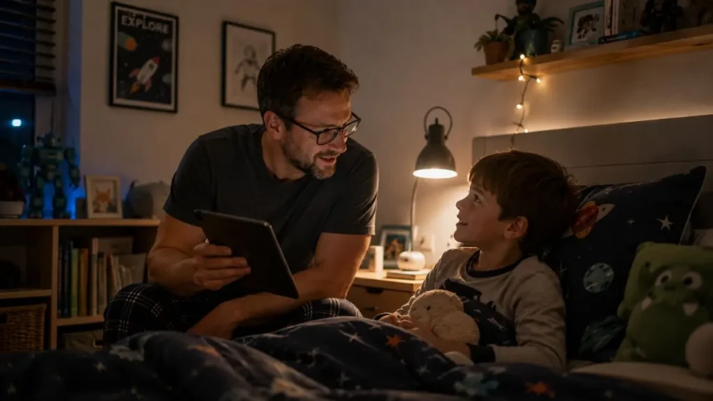 Dad and child sharing an AI-assisted bedtime story together in a UK home