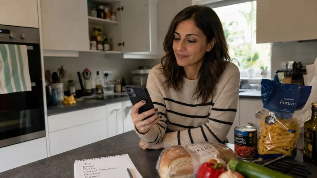 Parent using AI for family meal planning in a UK kitchen with ingredients and a shopping list nearby