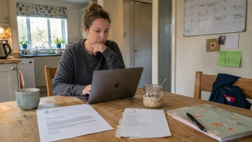 Parent using a laptop at a kitchen table with school admin papers and a family calendar.