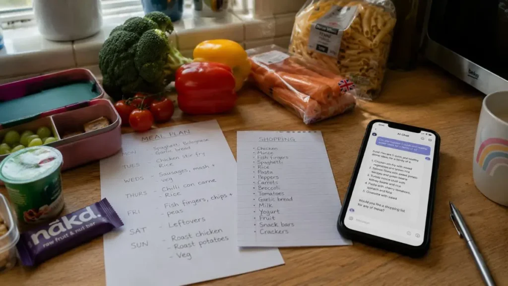 AI for parents: practical ways to use AI in everyday family life 3 Meal planning notes and a phone with an AI chat open on a family kitchen counter.