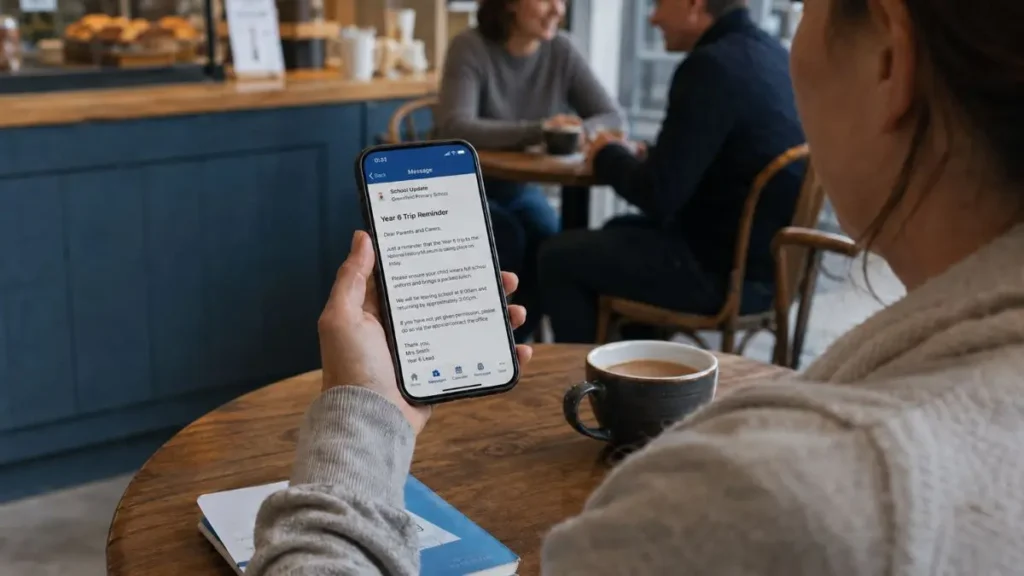 Parent using AI to help with a school email at a kitchen table with school papers nearby.