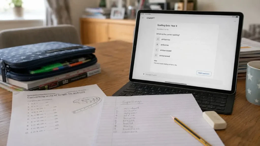 Primary homework sheet and spellings list next to a laptop showing an AI quiz.