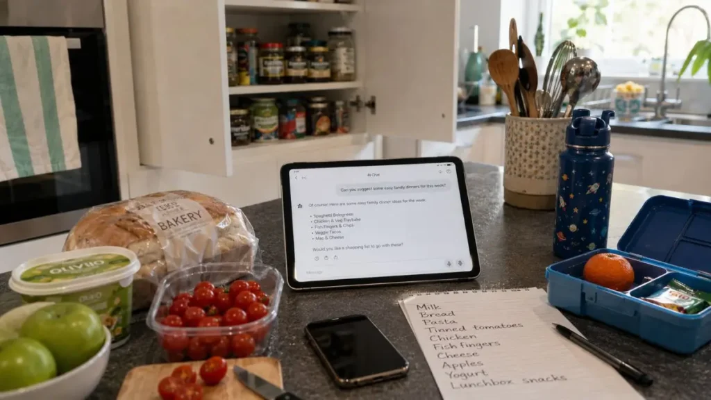 Ingredients, a meal note and a phone showing AI dinner ideas on a UK kitchen counter