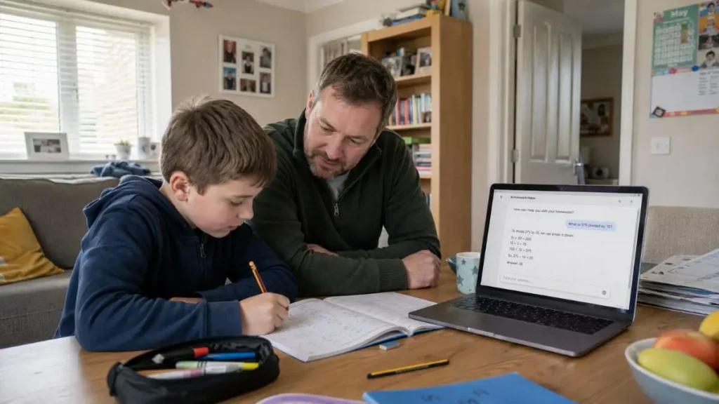 Parent and primary-age child using AI on a laptop while doing homework at a kitchen table