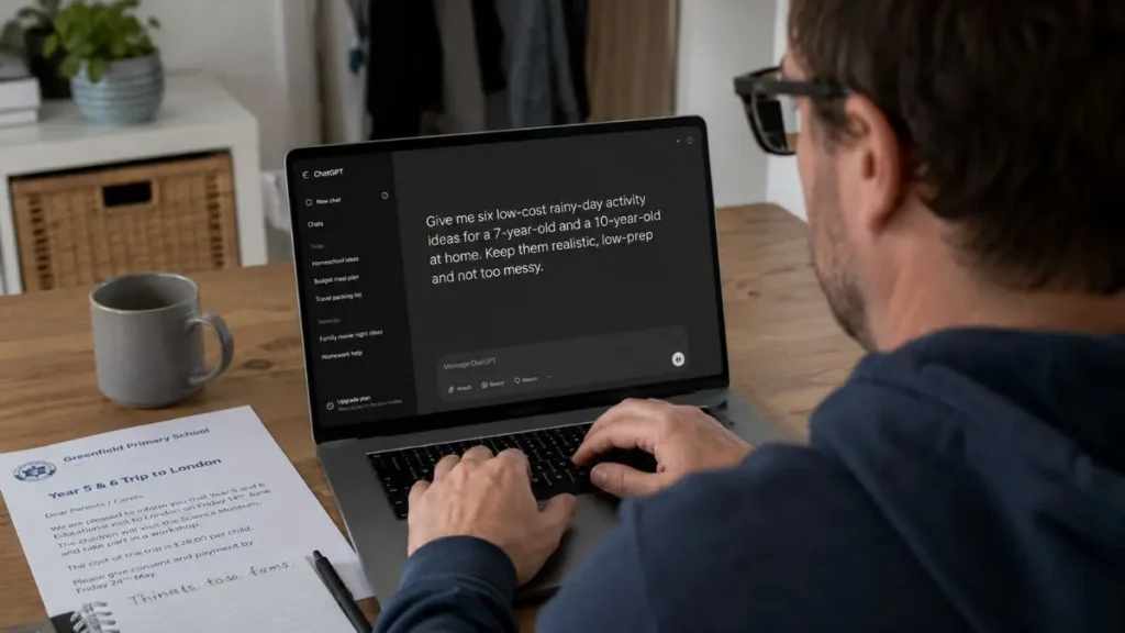 Ingredients, meal notes and a phone with an AI chat open on a kitchen counter