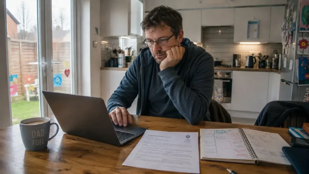 Parent using AI to draft a school email at a kitchen table with school papers nearby