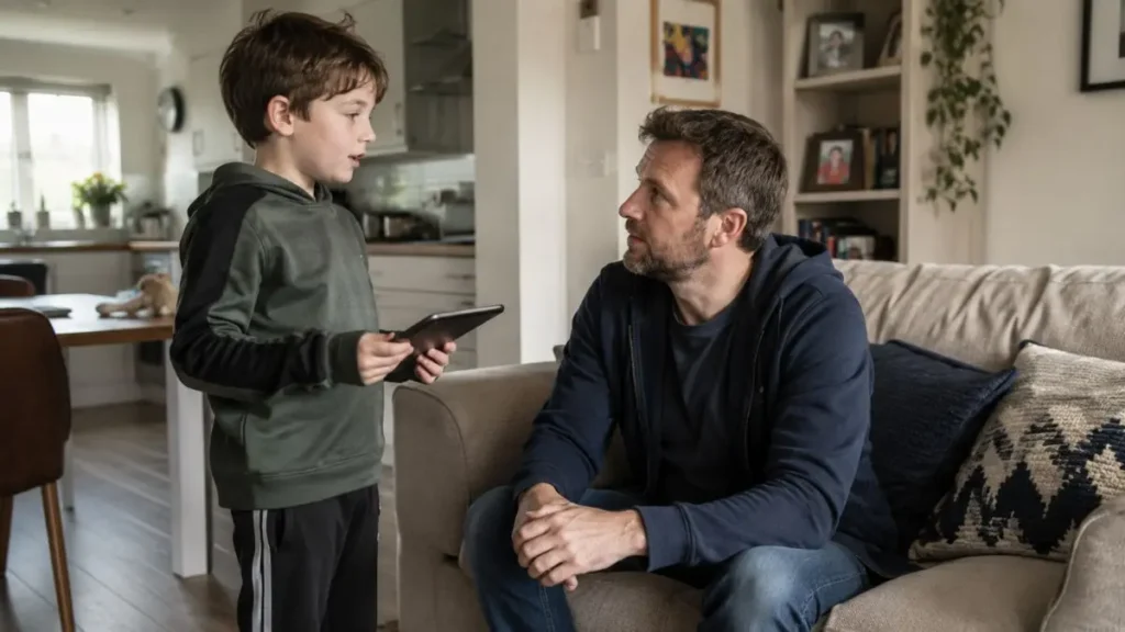 Child holding a tablet and asking his father about using AI in a UK home.