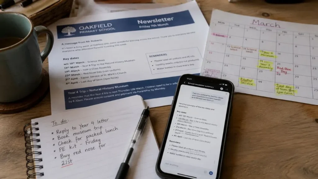 School newsletter, calendar dates and a phone showing an AI summary on a family table.