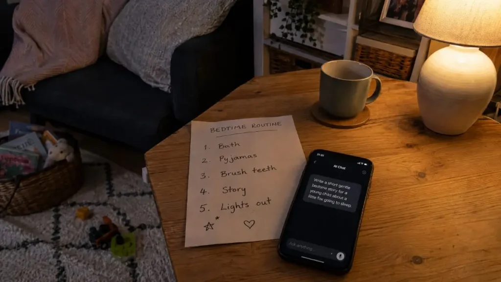 Children’s AI story prompt beside a bedtime routine note in a UK home