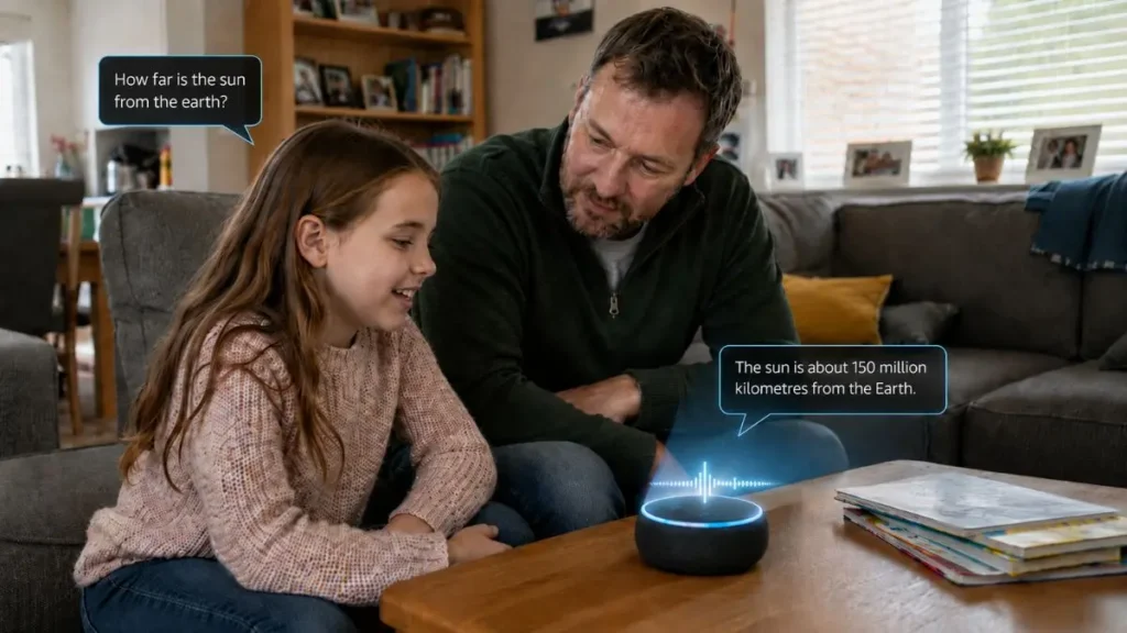 Dad and young daughter using a smart speaker together in a UK living room.