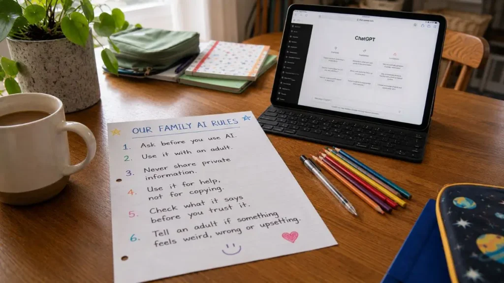 When children ask about using AI: what parents need to say and what rules to set 3 Handwritten family AI rules beside a tablet on a UK home table
