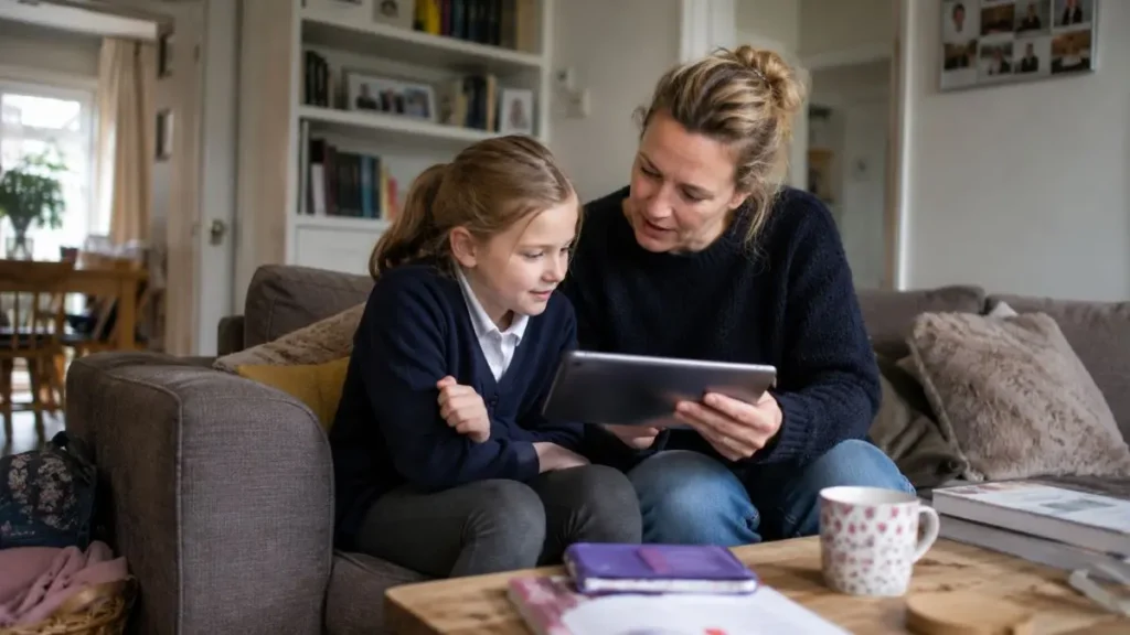 Parent and child looking at a screen together while talking about AI in a UK home.