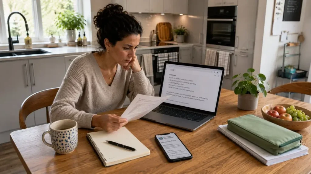 Mum checking an AI answer against a school letter and official website at a kitchen table.